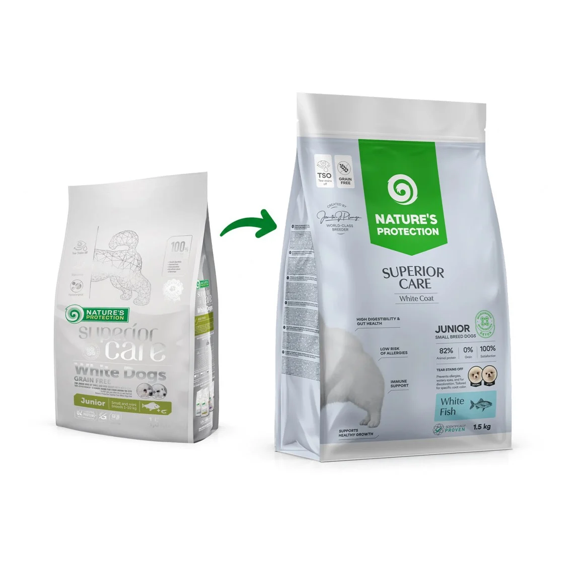 Nature's Protection Superior Care White Dogs Junior, peste alb, hrana uscata pentru caini juniori de talie mica, 1.5 kg