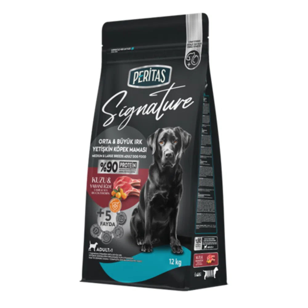 Hrana uscata pentru caini adulti, talie medie si mare, Peritas Signature, cu miel si orez, 12 kg