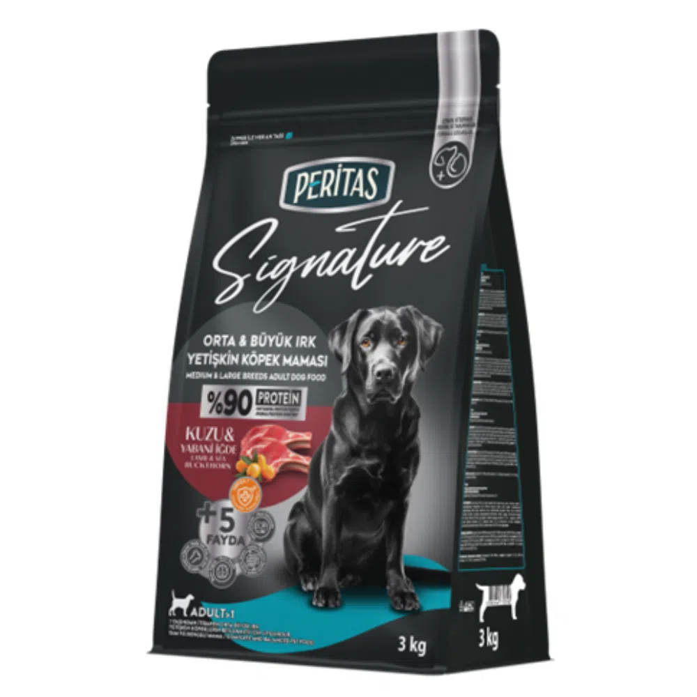 Hrana uscata pentru caini adulti, talie medie si mare, Peritas Signature, cu miel si orez, 3 kg