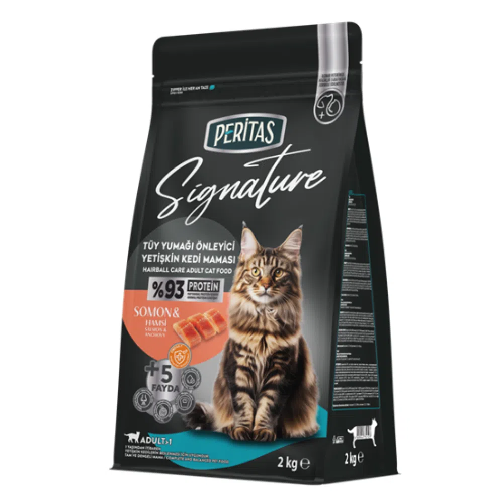 Hrana uscata pentru pisici adulte, Peritas Signature, cu somon, 2 kg, pentru prevenirea ghemurilor de blana