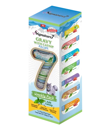 Hrana umeda pentru pisici, Signature7, Variety Pack, ton si pui, in sos cu Catnip, 7 X 70 gr
